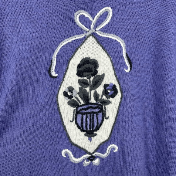 Vintage Wool Angora Embroidered Sweater M Purple Fairy Cottage Scalloped Neck - Picture 9 of 14
